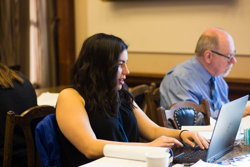 MIKAELA MACKENZIE / WINNIPEG FREE PRESS
Legislative reporter Jessica Botelho-Urbanski in the budget day lockup at the Manitoba Legislative Building in Winnipeg on Thursday, March 7, 2019. 
Winnipeg Free Press 2019.