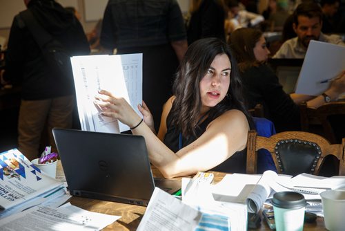 MIKE DEAL / WINNIPEG FREE PRESS
Winnipeg Free Press reporter Jessica Botelho-Urbanski reads and discusses the 2019 Provincial Budget documents during the Media Lockup prior to the tabling of the budget in the Manitoba Legislative Chamber Thursday.
190307 - Thursday, March 07, 2019.