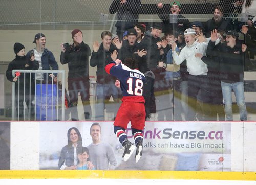 JASON HALSTEAD / WINNIPEG FREE PRESS

Lucas Humble of the Shaftesbury High School Titans celebrates with fans after defeating the J.H. Bruns Collegiate Broncos in game 3 of the Winnipeg Free Press Division Winnipeg High School Hockey League final series on March 7, 2019 at the Bell MTS Iceplex. (See Sawatzky story)