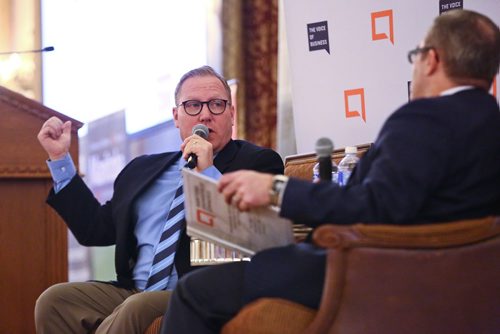 MIKE DEAL / WINNIPEG FREE PRESS
Manitobas Finance Minister Scott Fielding chats with Chuck Davidson president and CEO of the MB Chamber of Commerce during the organizations breakfast at the Fort Garry Hotel Friday morning the day after tabling the 2019 Provincial Budget. 
190308 - Friday, March 8, 2019