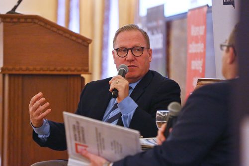 MIKE DEAL / WINNIPEG FREE PRESS
Manitobas Finance Minister Scott Fielding chats with Chuck Davidson president and CEO of the MB Chamber of Commerce during the organizations breakfast at the Fort Garry Hotel Friday morning the day after tabling the 2019 Provincial Budget. 
190308 - Friday, March 8, 2019