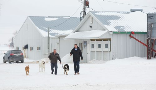 MIKE DEAL / WINNIPEG FREE PRESS
Federal Conservative Party Leader, Andrew Scheer with Gordon Grenkow on his family farm near Winnipeg, MB, speaks to the media regarding his plan to remove the GST from home heating and energy bills if his party is elected.
190308 - Friday, March 08, 2019.