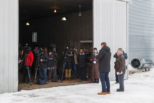 MIKE DEAL / WINNIPEG FREE PRESS
Federal Conservative Party Leader, Andrew Scheer with Gordon Grenkow on his family farm near Winnipeg, MB, speaks to the media regarding his plan to remove the GST from home heating and energy bills if his party is elected.
190308 - Friday, March 08, 2019.