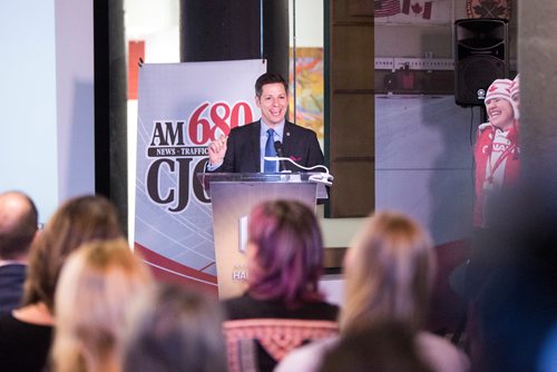 MIKAELA MACKENZIE / WINNIPEG FREE PRESS
Mayor Brian Bowman speaks as the Manitoba Sports Hall of Fame opens a new exhibit, Women in Sport: Celebrating Manitoba Women Past, Present and Future in Winnipeg on Friday, March 8, 2019. 
Winnipeg Free Press 2019.