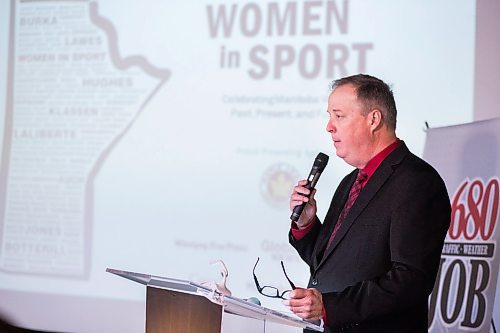 MIKAELA MACKENZIE / WINNIPEG FREE PRESS
Rick Brownlee, Sport Heritage Manager of Sport Manitoba, speaks as the Manitoba Sports Hall of Fame opens a new exhibit, Women in Sport: Celebrating Manitoba Women Past, Present and Future in Winnipeg on Friday, March 8, 2019. 
Winnipeg Free Press 2019.