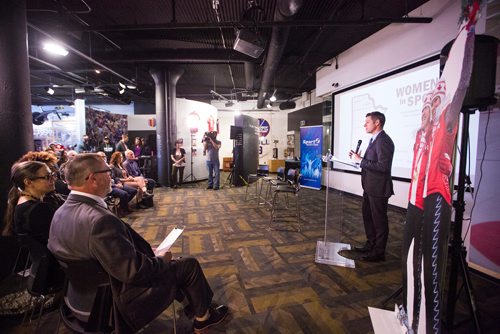 MIKAELA MACKENZIE / WINNIPEG FREE PRESS
Mayor Brian Bowman speaks as the Manitoba Sports Hall of Fame opens a new exhibit, Women in Sport: Celebrating Manitoba Women Past, Present and Future in Winnipeg on Friday, March 8, 2019. 
Winnipeg Free Press 2019.