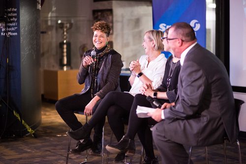 MIKAELA MACKENZIE / WINNIPEG FREE PRESS
Olympians Wanda Guenette (left), Michelle Sawatzky-Koop, and Susan Auch as well as moderator Kelly Moore have a panel discussion at the opening of the Manitoba Sports Hall of Fame's new exhibit, Women in Sport: Celebrating Manitoba Women Past, Present and Future in Winnipeg on Friday, March 8, 2019. 
Winnipeg Free Press 2019.
