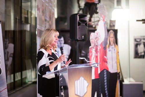 MIKAELA MACKENZIE / WINNIPEG FREE PRESS
Cathy Cox, Minister of Sport, Culture and Heritage, speaks as the Manitoba Sports Hall of Fame opens a new exhibit, Women in Sport: Celebrating Manitoba Women Past, Present and Future in Winnipeg on Friday, March 8, 2019. 
Winnipeg Free Press 2019.