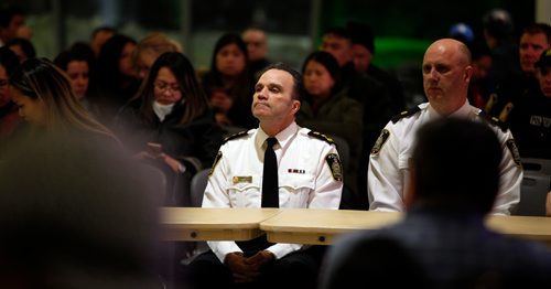 PHIL HOSSACK / WINNIPEG FREE PRESS - City Police Chief Danny Smyth waits his turn to address a crowd gathered at the Maples Collegiate re: community fear around recent home invasion, murder and meth. See Story.March 8, 2019.