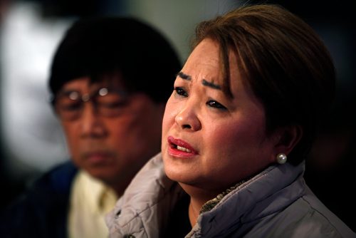 PHIL HOSSACK / WINNIPEG FREE PRESS - Imelda Adao,weeps as she describes her son and recent events leading to his death last week. A crowd gathered at the Maples Collegiate re: community fear around recent home invasion, murder and meth. Her son was murdered in a recent home invasion. See Story.March 8, 2019.