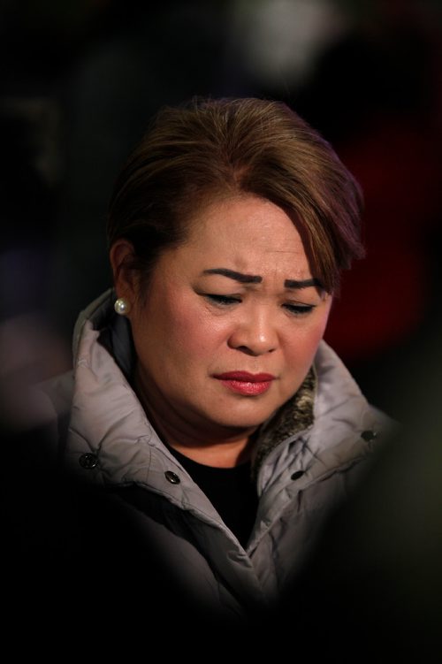 PHIL HOSSACK / WINNIPEG FREE PRESS - Imelda Adao,weeps as she describes her son and recent events leading to his death last week. A crowd gathered at the Maples Collegiate re: community fear around recent home invasion, murder and meth. Her son was murdered in a recent home invasion. See Story.March 8, 2019.
