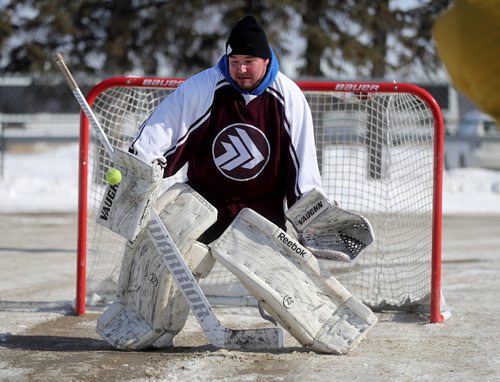 TREVOR HAGAN / WINNIPEG FREE PRESS
Connor Schmidt, in net for his team, A Bunch of Jerks, prior to a ball hockey tournament to raise funds and awareness before students spend the next 5 days outdoors at the University of Manitoba as part of the national 5 days for the Homeless campaign, Sunday, March 10, 2019.
