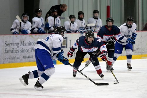 PHIL HOSSACK / WINNIPEG FREE PRESS - St Marys Academy #12 Tyla Turnbull (centre) scoops the puck from Selkirk Royals #13 Amy Maclaren in playoff action at the IcePlex Monday afternoon. Sawatzky's story.  -  March 11, 2019.