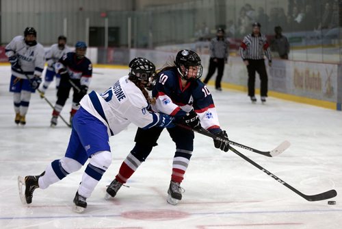 PHIL HOSSACK / WINNIPEG FREE PRESS - Selkirk Royals #10 Brooke Johnstone heads off St Marys Academy #10 Julia Bird (right) in playoff action at the IcePlex Monday afternoon. Sawatzky's story.  -  March 11, 2019.
