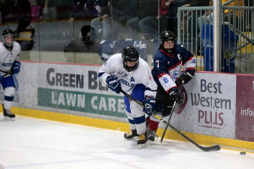 PHIL HOSSACK / WINNIPEG FREE PRESS - Selkirk Royals #7 Jazmyn-Rae Desjarlais heads off St Marys Academy #7 Jenny Kim (right) in playoff action at the IcePlex Monday afternoon. Sawatzky's story.  -  March 11, 2019.