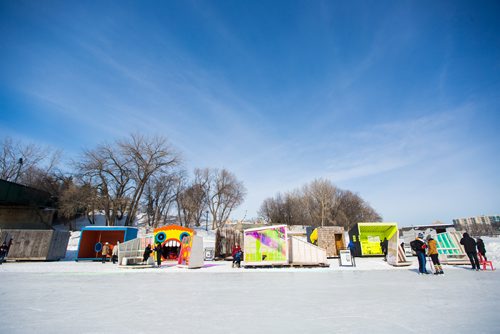 MIKAELA MACKENZIE / WINNIPEG FREE PRESS
Folks skate and take a look at the warming huts, which are all gathered together on the river trail, at the Forks in Winnipeg on Monday, March 11, 2019. 
Winnipeg Free Press 2019.