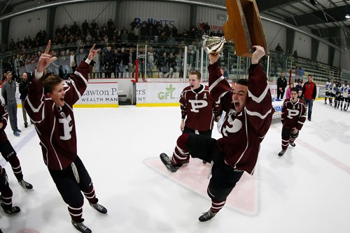 JOHN WOODS / WINNIPEG FREE PRESS
St Paul's High School captain Ethan Lewis (8) celebrates a win over the Sturgeon Heights Huskies in the Provincial High School Championships Monday, March 11, 2019.