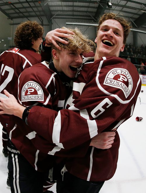 JOHN WOODS / WINNIPEG FREE PRESS
St Paul's High School celebrate a win over the Sturgeon Heights Huskies in the Provincial High School Championships Monday, March 11, 2019.