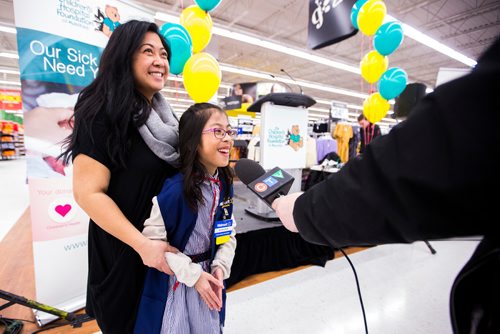 MIKAELA MACKENZIE / WINNIPEG FREE PRESS
Gianna Eusebio and her mom, Tes, speak to the media after Gianna was crowned 2019 Champion Child for the Children's Hospital Foundation of Manitoba at the Walmart Winnipeg South Super Centre in Winnipeg on Tuesday, March 12, 2019. 
Winnipeg Free Press 2019.