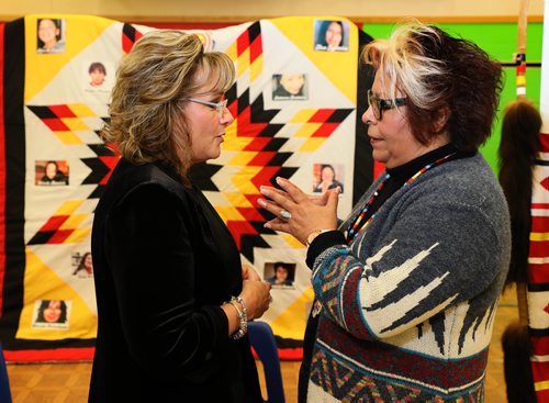 
RUTH BONNEVILLE / WINNIPEG FREE PRESS

Daphne Penrose with the Manitoba Advocate for Children and Youth who put together the report for the investigation into the death of Tina Fontaine, gets a hug from Sagkeeng Councillor, Marilyn Courchene, after the report was released to the press at Sagkeeng Mino Pimatiziwin Family Treatment Centre in Sagkeeng First Nation Tuesday. 

The quilt in the background was made by a member of the community and has Tina Fontaine's photo on it (top right) as well as other members of Sagkeeng First Nation who were murdered or are missing.  


March 12,, 2019
