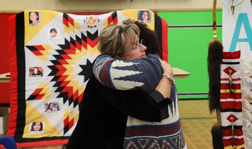 
RUTH BONNEVILLE / WINNIPEG FREE PRESS

Daphne Penrose with the Manitoba Advocate for Children and Youth who put together the report for the investigation into the death of Tina Fontaine, gets a hug from Sagkeeng Councillor, Marilyn Courchene, after the report was released to the press at Sagkeeng Mino Pimatiziwin Family Treatment Centre in Sagkeeng First Nation Tuesday. 

The quilt in the background was made by a member of the community and has Tina Fontaine's photo on it (top right) as well as other members of Sagkeeng First Nation who were murdered or are missing.  


March 12,, 2019
