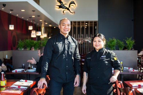 MIKAELA MACKENZIE / WINNIPEG FREE PRESS
Arnel Alibin, co-owner (left), and Jessica Sunico, head chef, at Max's, a Filipino chain on St. James street, in Winnipeg on Tuesday, March 12, 2019. 
Winnipeg Free Press 2019.