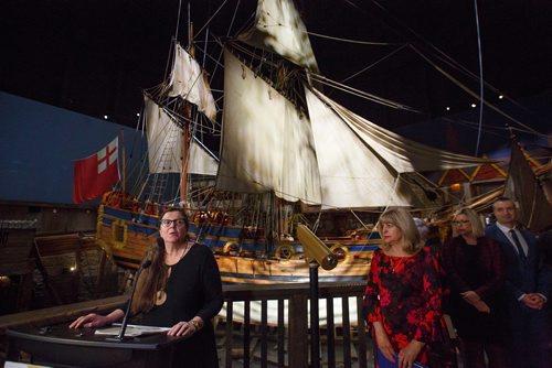 MIKE DEAL / WINNIPEG FREE PRESS
Claudette Leclerc CEO and executive director of the Manitoba Museum talks during an announcement that the provincial government is releasing an action plan that will "guide the decision-making process for Manitoba's cultural and creative industries" Tuesday morning in the Nonsuch Gallery.
190312 - Tuesday, March 12, 2019.