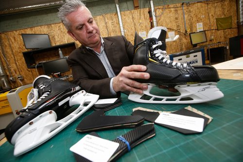 JOHN WOODS / WINNIPEG FREE PRESS
Dan Palsson, managing director of ASKJA, shows how his custom skate protection is applied to skates in the laser lab at New Forge  in Winnipeg Tuesday, March 12, 2019. Palsson has been able to get the NHL approval for his new product and has applied it on the skates of players such as Weber and Benn.