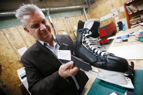 JOHN WOODS / WINNIPEG FREE PRESS
Dan Palsson, managing director of ASKJA, shows how his custom skate protection is applied to skates in the laser lab at New Forge  in Winnipeg Tuesday, March 12, 2019. Palsson has been able to get the NHL approval for his new product and has applied it on the skates of players such as Weber and Benn.