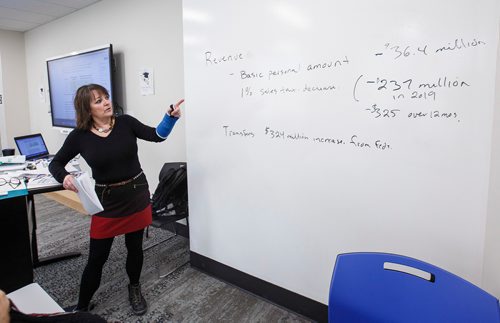 MIKE DEAL / WINNIPEG FREE PRESS
University of Winnipeg Urban and Inner-City Studies professor Shauna MacKinnon discusses the recently released 2019 provincial budget with her class Wednesday morning.
190313 - Wednesday, March 13, 2019.