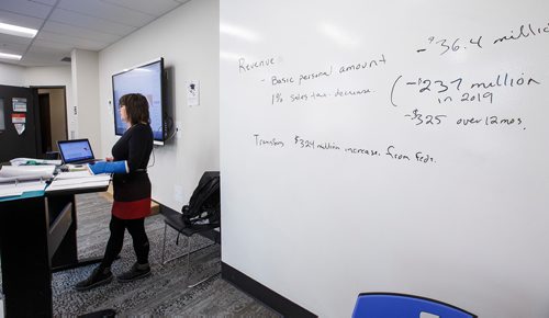 MIKE DEAL / WINNIPEG FREE PRESS
University of Winnipeg Urban and Inner-City Studies professor Shauna MacKinnon discusses the recently released 2019 provincial budget with her class Wednesday morning.
190313 - Wednesday, March 13, 2019.