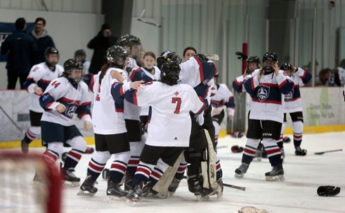 PHIL HOSSACK / WINNIPEG FREE PRESS - Team St Mary's Academy celebrates a 2-1 victory over the Selkirk Royals to win the WWHSHL championship Wednesday evening at the IcePlex.  See Taylor Allen story.- March13, 2019.
