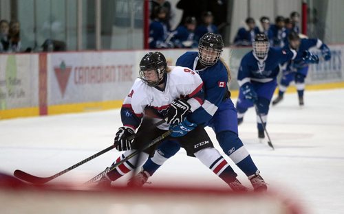 PHIL HOSSACK / WINNIPEG FREE PRESS - Selkirk Royal #9 Camryn Horbaty wraps up St Marys Academy #9 Haley Steciuk Wednesday evening, stopping her break away at the IcePlex in WWHSHL playoff action. Horbaty two a two minute minor for holding on the play.  See Taylor Allen story.- March13, 2019.