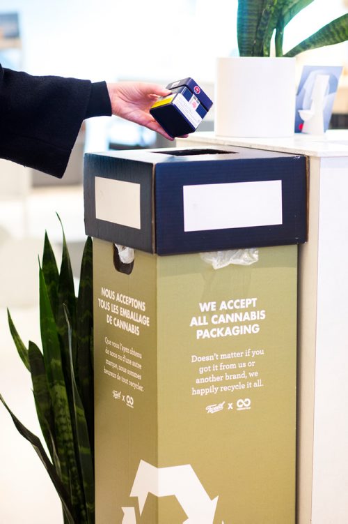 MIKAELA MACKENZIE / WINNIPEG FREE PRESS
The recycling bin for cannabis containers at Tokyo Smoke in Winnipeg on Thursday, March 14, 2019. 
Winnipeg Free Press 2019.