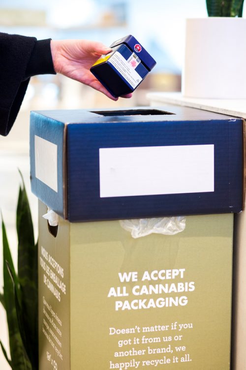 MIKAELA MACKENZIE / WINNIPEG FREE PRESS
The recycling bin for cannabis containers at Tokyo Smoke in Winnipeg on Thursday, March 14, 2019. 
Winnipeg Free Press 2019.