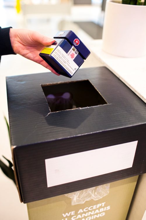 MIKAELA MACKENZIE / WINNIPEG FREE PRESS
The recycling bin for cannabis containers at Tokyo Smoke in Winnipeg on Thursday, March 14, 2019. 
Winnipeg Free Press 2019.