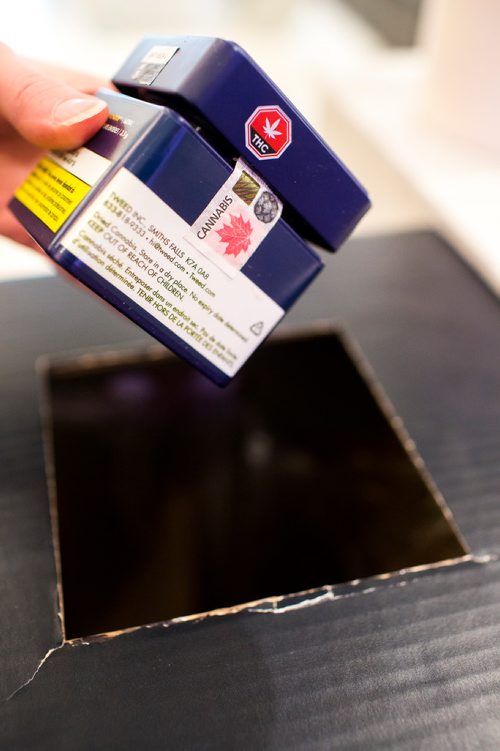 MIKAELA MACKENZIE / WINNIPEG FREE PRESS
The recycling bin for cannabis containers at Tokyo Smoke in Winnipeg on Thursday, March 14, 2019. 
Winnipeg Free Press 2019.