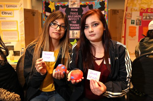 RUTH BONNEVILLE / WINNIPEG FREE PRESS

Grade 8 students from Leaf Rapids Education Centre Shyanne Beardy (left) and Jada Brust, each hold a clay model of a brain showing the loss of memory functions for young people when they are drunk, at the Manitoba Museum Alloway Hall Thursday.  The students wanted to do their project on alcohol use in young people hoping the findings would curb use among their peers.

Youth Science Canadas (YSC) Frontier Schools region hosted a regional science fair for aspiring young scientists, engineers and entrepreneurs at the Manitoba Museum Thursday.  This event is in partnership with Rogers, who recently provided a $50,000 national community grant in support of this initiative, with the winning student receiving the Ted Rogers Innovation Award.

Todays event is one of 102 regional science fairs that take place across Canada annually, with approximately 25,000 students competing across the country. Youth from grades 7-12 present a project that focuses on an important issue in society  health, environment, innovation and energy among others. At each fair, one project will receive a Ted Rogers Innovation Award that acknowledges future leaders and their innovative accomplishments.

Standup photo 

March 14,, 2019
