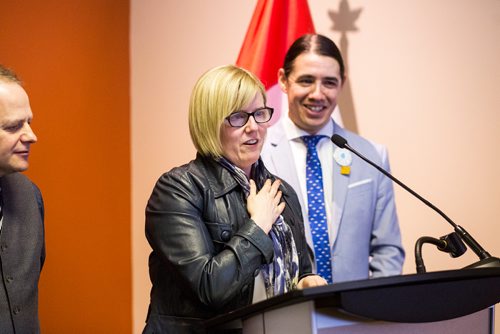 MIKAELA MACKENZIE / WINNIPEG FREE PRESS
Carla Qualtrough, Minister of Public Services and Procurement and Accessibility, Members of Parliament, announces funding for flares at Magellan Aerospace in Winnipeg on Friday, March 15, 2019. 
Winnipeg Free Press 2019.