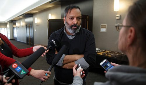 MIKE DEAL / WINNIPEG FREE PRESS
Krishna Lalbiharie of Islamic Social Services Association (ISSA) and conference organizer along with other attendees at the Striving for Human Dignity: Race, Gender, Class and Religion conference at the Hilton Suites Winnipeg Airport and organized by the Islamic Social Services Association gathered on the second day of session activities with appeals and invocations for peace, non-violence and unity following the shooting massacres at Masjid al Noor and Linwood Masjid mosques in Christchurch, New Zealand.
190315 - Friday, March 15, 2019.