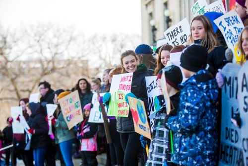 MIKAELA MACKENZIE / WINNIPEG FREE PRESS
Young Winnipeggers skip school to hold a funeral for the planet at the Manitoba Legislative Building in Winnipeg on Friday, March 15, 2019. 
Winnipeg Free Press 2019.