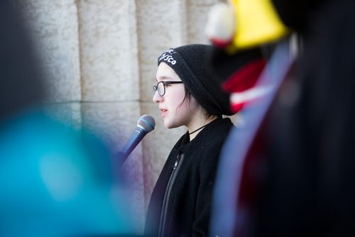 MIKAELA MACKENZIE / WINNIPEG FREE PRESS
Madison Delaat, 13, speaks at a funeral for the planet at the Manitoba Legislative Building in Winnipeg on Friday, March 15, 2019. 
Winnipeg Free Press 2019.