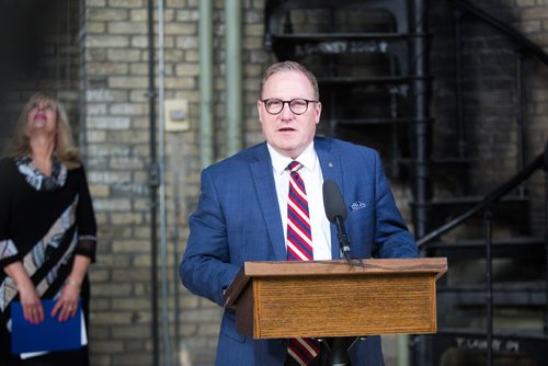 MIKAELA MACKENZIE / WINNIPEG FREE PRESS
Finance Minister Scott Fielding announces $10 million annual funding for the restoration and preservation of the Manitoba Legislative Building at a press conference in the space above the rotunda in Winnipeg on Friday, March 15, 2019. 
Winnipeg Free Press 2019.