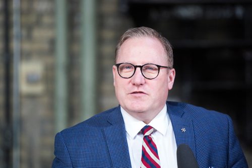 MIKAELA MACKENZIE / WINNIPEG FREE PRESS
Finance Minister Scott Fielding announces $10 million annual funding for the restoration and preservation of the Manitoba Legislative Building at a press conference in the space above the rotunda in Winnipeg on Friday, March 15, 2019. 
Winnipeg Free Press 2019.