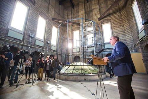 MIKAELA MACKENZIE / WINNIPEG FREE PRESS
Finance Minister Scott Fielding announces $10 million annual funding for the restoration and preservation of the Manitoba Legislative Building at a press conference in the space above the rotunda in Winnipeg on Friday, March 15, 2019. 
Winnipeg Free Press 2019.