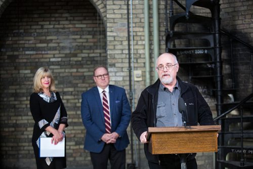 MIKAELA MACKENZIE / WINNIPEG FREE PRESS
Gordon Goldsborough, from the Manitoba Historical Society, speaks to the media after $10 million annual funding for the restoration and preservation of the Manitoba Legislative Building was announced at a press conference in the space above the rotunda in Winnipeg on Friday, March 15, 2019. 
Winnipeg Free Press 2019.