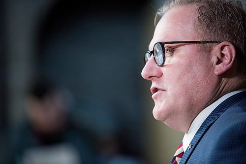 MIKAELA MACKENZIE / WINNIPEG FREE PRESS
Finance Minister Scott Fielding announces $10 million annual funding for the restoration and preservation of the Manitoba Legislative Building at a press conference in the space above the rotunda in Winnipeg on Friday, March 15, 2019. 
Winnipeg Free Press 2019.