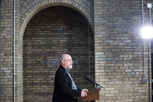 MIKAELA MACKENZIE / WINNIPEG FREE PRESS
Gordon Goldsborough, from the Manitoba Historical Society, speaks to the media after $10 million annual funding for the restoration and preservation of the Manitoba Legislative Building was announced at a press conference in the space above the rotunda in Winnipeg on Friday, March 15, 2019. 
Winnipeg Free Press 2019.