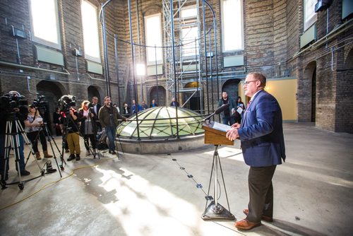 MIKAELA MACKENZIE / WINNIPEG FREE PRESS
Finance Minister Scott Fielding announces $10 million annual funding for the restoration and preservation of the Manitoba Legislative Building at a press conference in the space above the rotunda in Winnipeg on Friday, March 15, 2019. 
Winnipeg Free Press 2019.