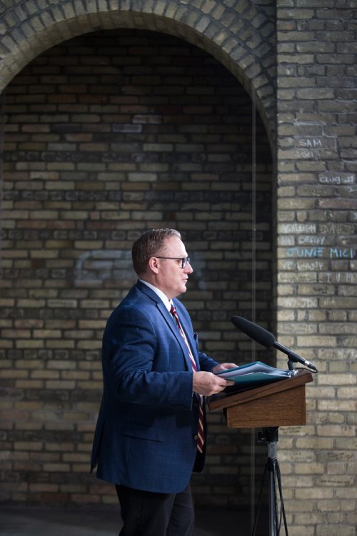 MIKAELA MACKENZIE / WINNIPEG FREE PRESS
Finance Minister Scott Fielding announces $10 million annual funding for the restoration and preservation of the Manitoba Legislative Building at a press conference in the space above the rotunda in Winnipeg on Friday, March 15, 2019. 
Winnipeg Free Press 2019.